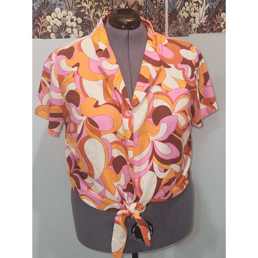 Psychedelic Short Sleeve Button Up Shirt Women Plus 1X 70 60s orange brown Linen